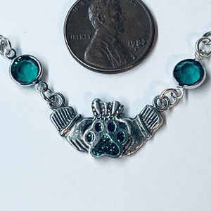 Sterling Silver CLADDAGH PENDANT W/PUPPY PAW® w/Green Glitter and Crystals